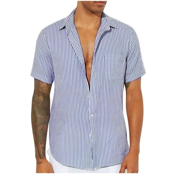 Ashirexll Button up Shirt Men, Big and Tall Shirts for Men, Fashion Striped Button up Shirts Short Sleeve Standing Collar Summer Casual Tops