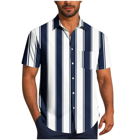 Ashirexll Button up Shirt Men, Big and Tall Shirts for Men, Plus Size Fashion Turndown Collar Striped Printed Short Sleeve Button Shirt Blouse