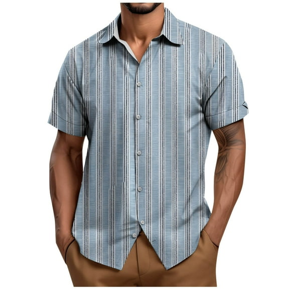 Ashirexll Button up Shirt Men, Big and Tall Shirts for Men, Striped Printed Loose Button Shirts Short Sleeve Turndown Collar Blouse for Casual Wear