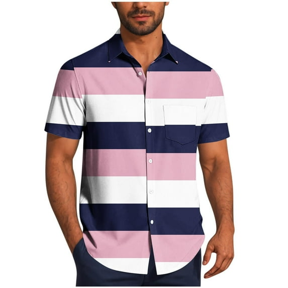 Ashirexll Button up Shirt Men, Big and Tall Shirts for Men, Summer Casual Shirts Fashion Turndown Collar Striped Short Sleeve Button Shirts Plus Size