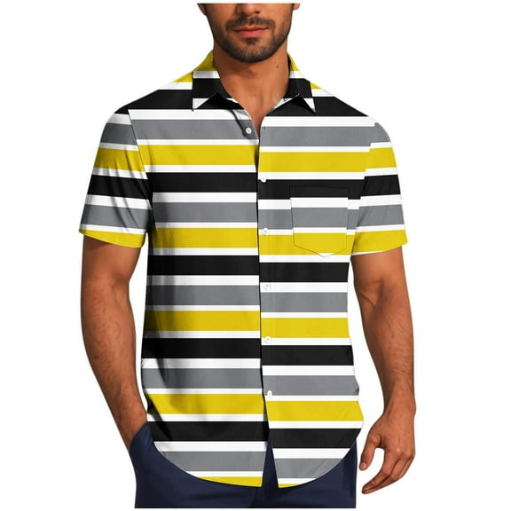 Ashirexll Button up Shirt Men, Big and Tall Shirts for Men, Summer Casual Shirts Fashion Turndown Collar Striped Short Sleeve Button Shirts Plus Size