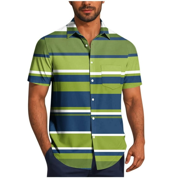 Ashirexll Button up Shirt Men, Big and Tall Shirts for Men, Summer Casual Shirts Fashion Turndown Collar Striped Short Sleeve Button Shirts Plus Size