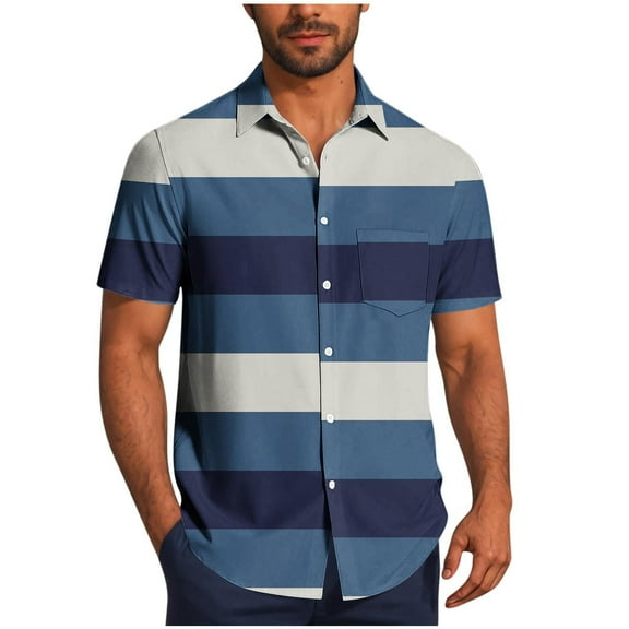 Ashirexll Button up Shirt Men, Big and Tall Shirts for Men, Summer Casual Shirts Fashion Turndown Collar Striped Short Sleeve Button Shirts Plus Size
