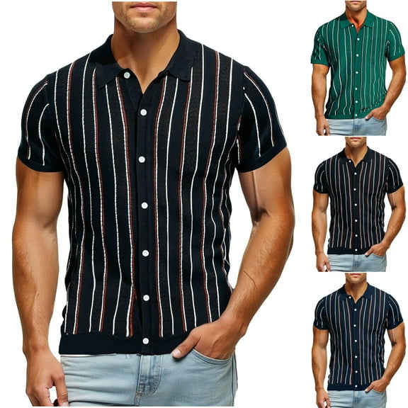 Ashirexll Button up Shirt Men, Big and Tall Shirts for Men, Summer Fashion Striped Printed Short Sleeve Turndown Collar Tops