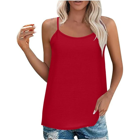 Ashirexll Camisole Tops for Women, Solid Color Round Neck Summer Sleeveless Casual Flowy T-Shirt Red L