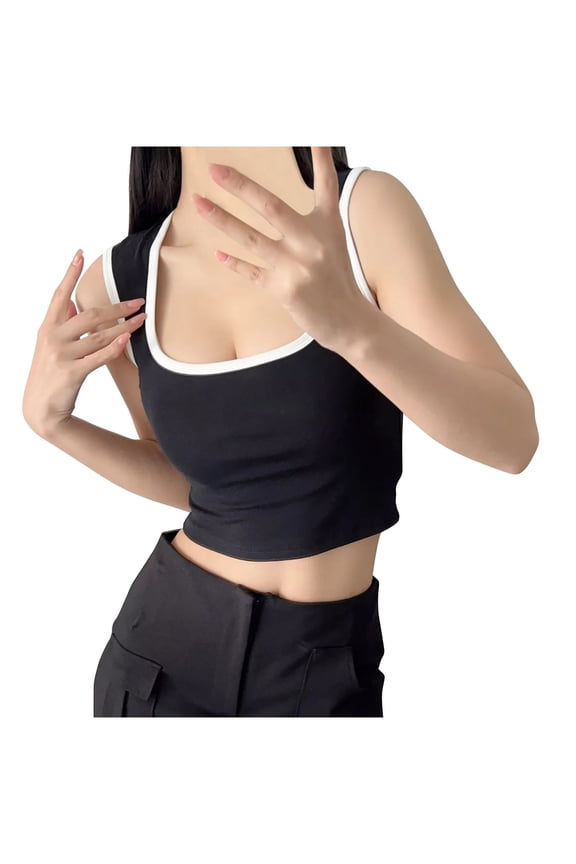 Camisoles for Women, Solid Color Round Neck Matching Slim Bottom Suspender Tank Tops Black S