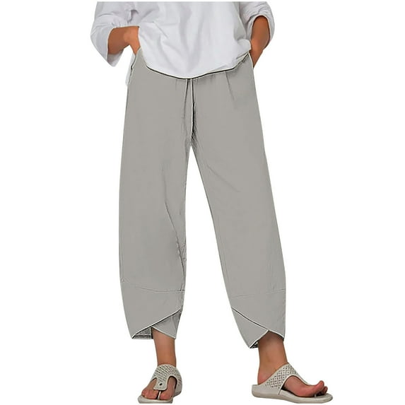 Ashirexll Capri Pants for Women Casual 2024 Fall Drawstring Elastic High Waist Linen Pants Wide Leg Plus Size Lounge Capris Style A Gray A S