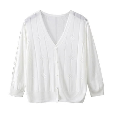 Ashirexll Cardigan Sweaters for Women, Fall Casual Solid Color V-Neck Knitted Button Long Sleeved Lightweight Crochet Cardigan White Free Size