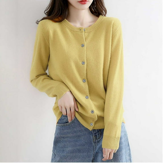 Ashirexll Cardigan Sweaters for Women, Winter Coats for Women, Women's Solid Color Button Knit Coats Cardigan Neck Long Sleeve Fall Coats Casual Tops