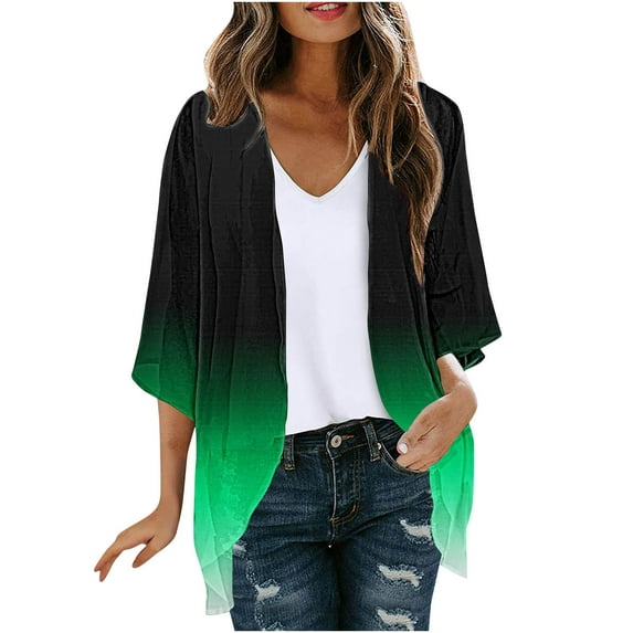 Ashirexll Cardigan for Women, Summer Fall Plus Size Gradient Soft Casual Mid Sleeve Jacket Cardigan Swimsuit Cover Up Green B L