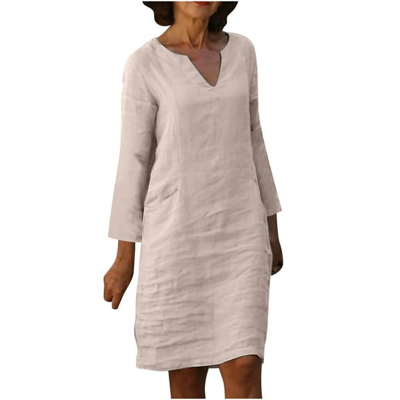 Ashirexll Casual Dresses for Women, Casual Plus Size Solid Color Dress V Neck Long Sleeve with Button Summer Dress Beige L