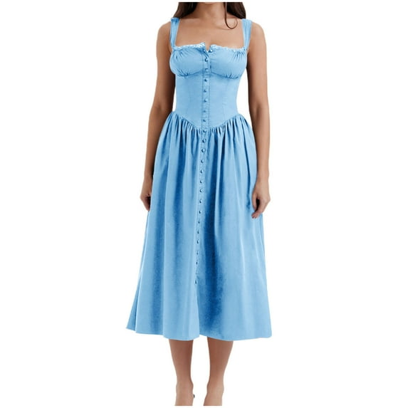 Ashirexll Casual Dresses for Women, Long Dresses for Women, Strap Wrapped Chest Small Fragmented Flowers Solid Color Dress Long Dress Girl Blue L