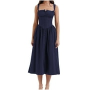 Ashirexll Casual Dresses for Women, Long Dresses for Women, Strap Wrapped Chest Small Fragmented Flowers Solid Color Dress Long Dress Girl Navy M