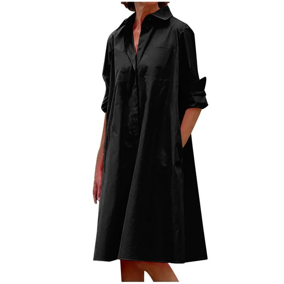 Ashirexll Casual Dresses for Women, Solid Color Fashion Collared Neck Long Sleeve Casual Long Maxi Dress with Pockets Black XXL