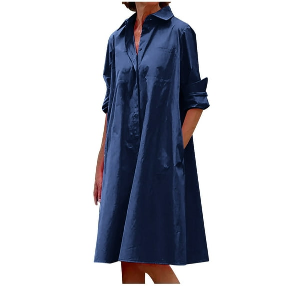 Ashirexll Casual Dresses for Women, Solid Color Fashion Collared Neck Long Sleeve Casual Long Maxi Dress with Pockets Blue XL
