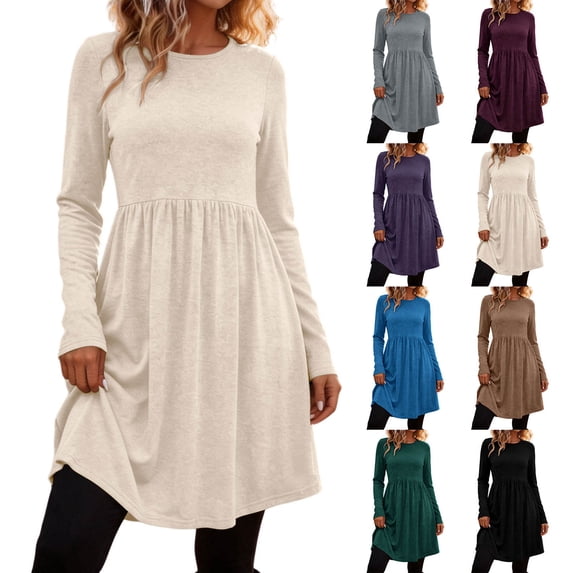 Ashirexll Casual Dresses for Women Winter Casual Pullover Long Sleeve Round Neck Solid Color Dress with Pockets
