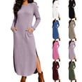 thumbnail image 1 of Ashirexll Casual Dresses for Women Winter Knit Long Sleeve Round Neck Solid Color Sweater Dress with Side Pockets and Side Slit Hem, 1 of 7