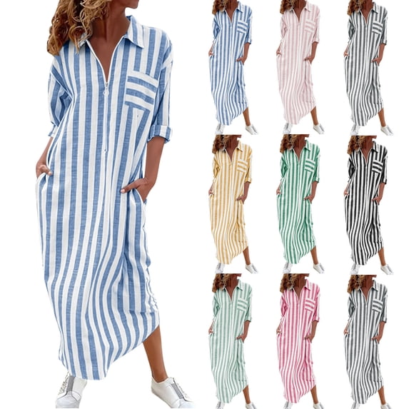 Ashirexll Casual Dresses for Women Winter Loose Shirt Style Long Sleeve Turn Down Collar Solid Color Striped Button Down Dress with Pockets