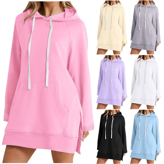 Ashirexll Casual Dresses for Women, Womens Fall Dresses, Casual Solid Color Hooded Dress with Pocket Long Sleeve Dresses for Ladies