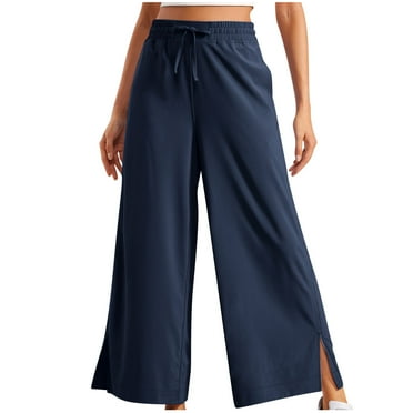 Ashirexll Casual Pants for Women Elastic Waist Drawstring Solid Color Sports and Loose Slit Wide Leg Pants with Pockets Blue M