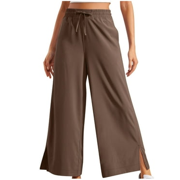 Ashirexll Casual Pants for Women Elastic Waist Drawstring Solid Color Sports and Loose Slit Wide Leg Pants with Pockets Brown M