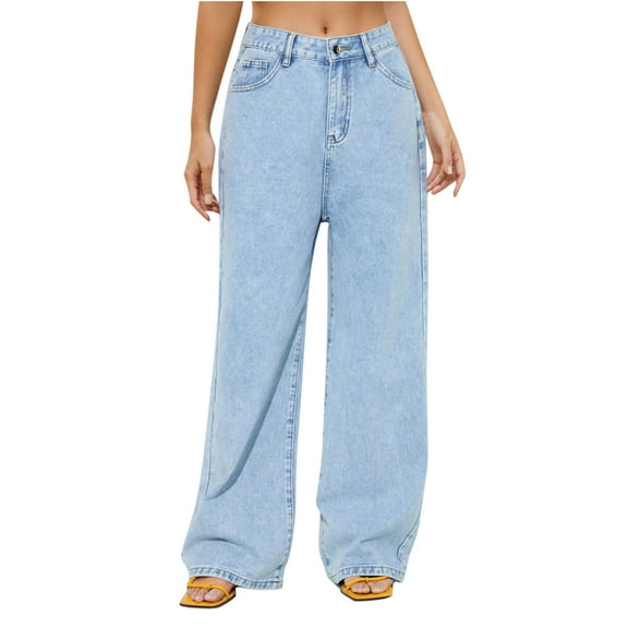 Ashirexll Casual Pants for Women Trendy Versatile Denim Trousers High Waist Loose Straight with Pockets Light Blue XS