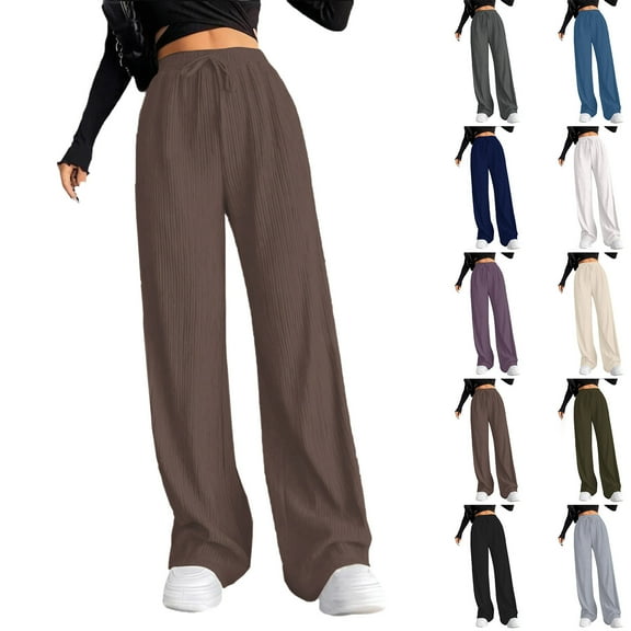Ashirexll Casual Pants for Women Wide Leg Pants Solid Color Ribbed Elastic Jogging Sports Wide Leg Trousers Fashion Comfortable Wear