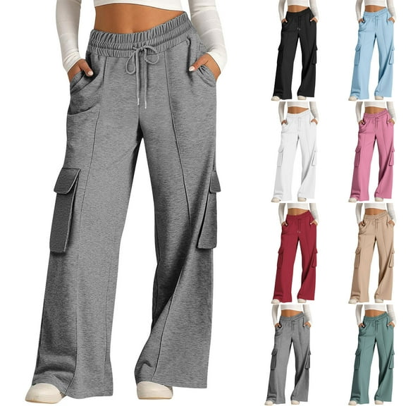 Ashirexll Casual Pants for Women Winter Pants Cargo Sweatpants Drawstring Wide Leg Baggy Casual Trousers with Multiple Pockets Fashion