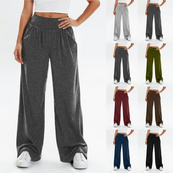 Ashirexll Casual Pants for Women Winter Pants Elastic Lace Up High Waisted Wide Leg Yoga Trousers Solid Color Fashion Wear