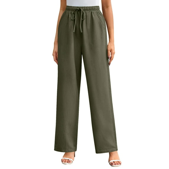 Ashirexll Casual Pants for Women, Winter Women Pants, Classic Spring Solid Color Lace Up Linen Straight Leg Casual Pants