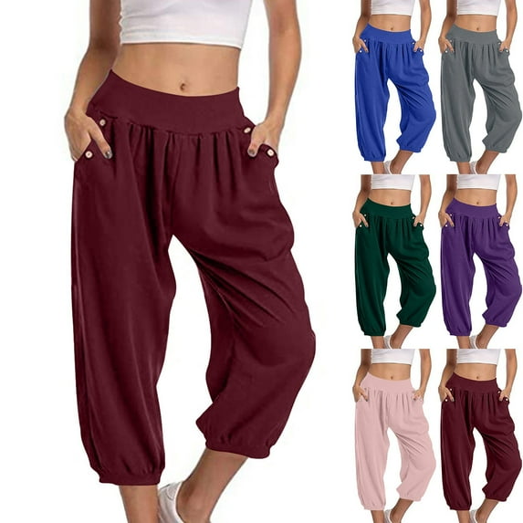 Ashirexll Casual Pants for Women, Womens Summer Pants, Solid Color Pocket Leggings Cropped Pants Casual Trousers