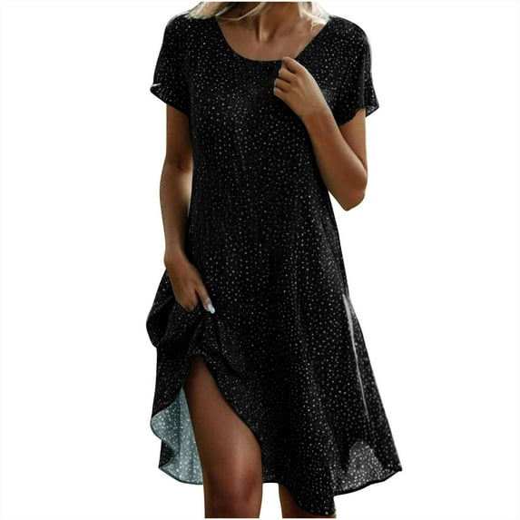 Ashirexll Casual Summer Dresses for Women, New Summer V-Neck Polka Short Sleeved Knee Length Flowy Dress Black B 3XL