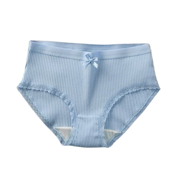 Ashirexll Clearance Sale! Panties for Women, Mid-Waist Solid Color Threaded Lace Bow Breathable Underwear Briefs Blue L