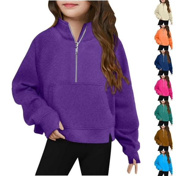 Ashirexll Crewneck Sweatshirts Sweatshirts For Girls Trendy 5-14 Years Girls Half Zip Crewneck Long Sleeve Crop Pullover Fleece Sweatshirt