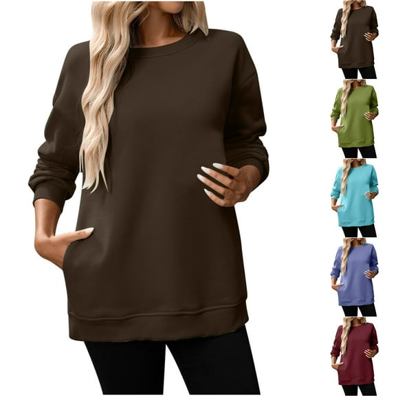 Ashirexll Crewneck Sweatshirts Women, Fall Sweatshirts for Women, Fashion Fall Ladies Round Neck Long Sleeve Solid Color Loose Sweatshirts