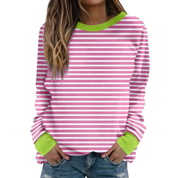 Ashirexll Crewneck Sweatshirts Women, Fall Sweatshirts for Women, Ladies' Casual Fall and Winter Long Sleeve Round Neck Loose Striped Sweatshirts