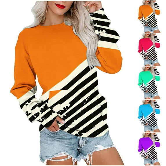 Ashirexll Crewneck Sweatshirts Women, Fall Sweatshirts for Women, Ladies' Fashion Color Patchwork Long Sleeve Blouse Round Neck Casual Sweatshirt