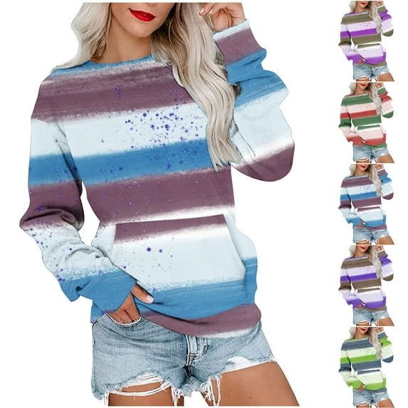 Ashirexll Crewneck Sweatshirts Women, Fall Sweatshirts for Women, Ladies' Fashion Color Patchwork Long Sleeve Blouse Round Neck Casual Sweatshirt