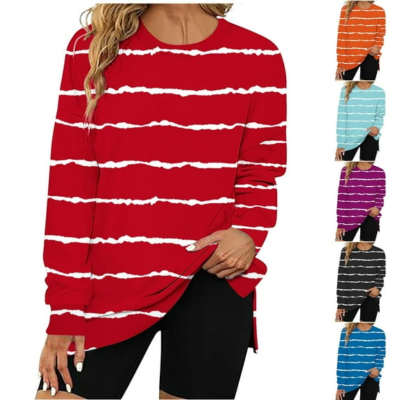 Ashirexll Crewneck Sweatshirts Women, Fall Sweatshirts for Women, Ladies' Round Neck Long Sleeve Top with Slit Hem Sweatshirts