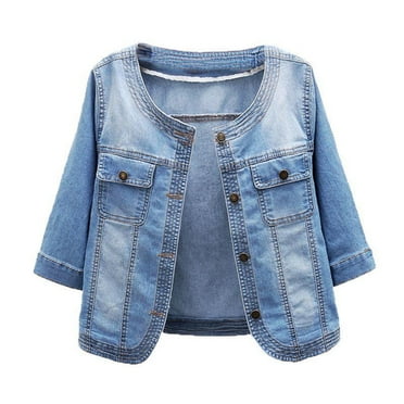 Ashirexll Denim Jacket for Women, Plus Size Mid Sleeve Versatile Round Neck Small Shawl Top Thin Cropped Jean Jacket Light Blue XXL