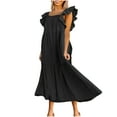 thumbnail image 1 of Ashirexll Dresses for Women 2024, Flowy Dresses for Women, Fashion Summer Flying Sleeve Off Shoulder Pleated Hem Dress Black M, 1 of 8