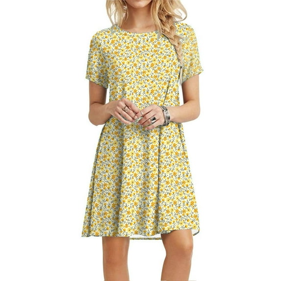 Ashirexll Dresses for Women Casual Plain Loose Short Sleeve Loose Dress Floral Print Sunflower Print Dress Womens Dresses Yellow Dress XXL
