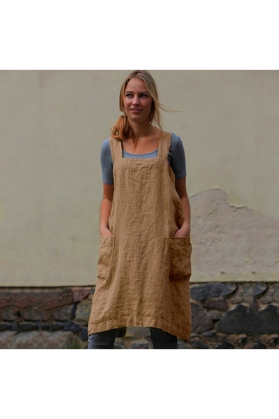 Ashirexll Dresses for Women Cotton Linen Pinafore Square Cross Apron Garden Work Pinafore Dress Womens Dresses Khaki Dress L