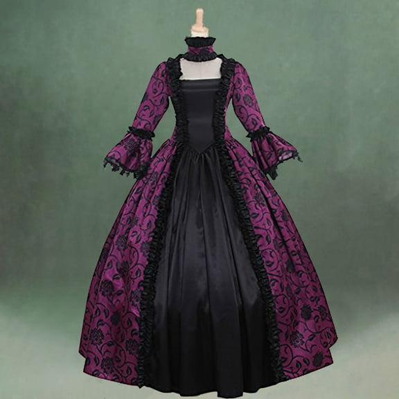 Ashirexll Dresses for Women Fall Winter Gothic Retro Floral Print Ball Gowns Gowns Dress Womens Dresses Purple Dress XL