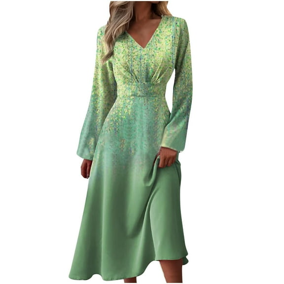 Ashirexll Dresses for Women Gradient Color Loose Casual Print Long Sleeve V-Neck Soft Lightweight Pleated Fall Dresses Green XL