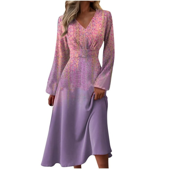 Ashirexll Dresses for Women Gradient Color Loose Casual Print Long Sleeve V-Neck Soft Lightweight Pleated Fall Dresses Pink XL