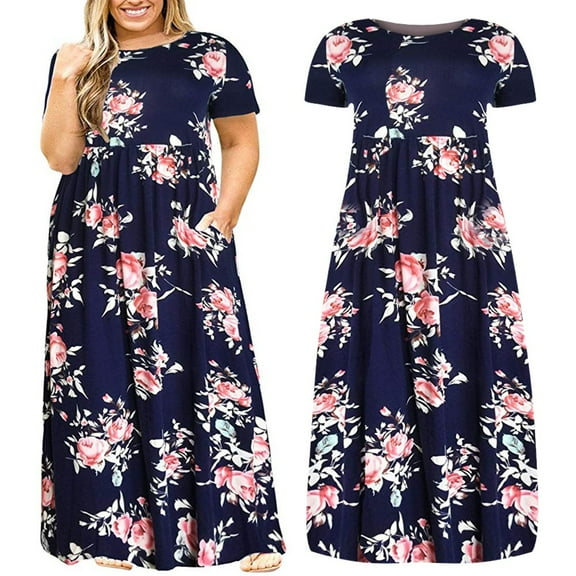 Ashirexll Dresses for Women Plus Size Short Sleeve Printing Dress O-Neck Long Dress With Pockets Womens Dresses Navy Dress 5XL