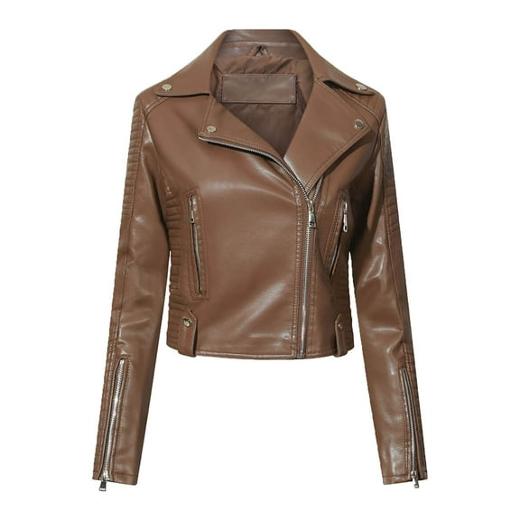 Ashirexll Fall Jackets for Women 2024 The Classic Faux Leather Moto Jacket Lightweight Leather Jacket Brown XL