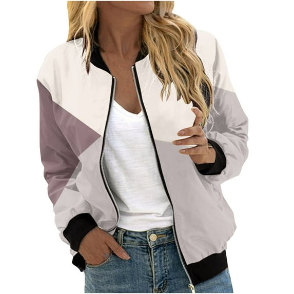 Ashirexll Fall Outfits for Women 2024 Casual Fashion Patchwork Color Jacket Casual Coat Zip Up Lightweight Outerwear with Pockets Beige M