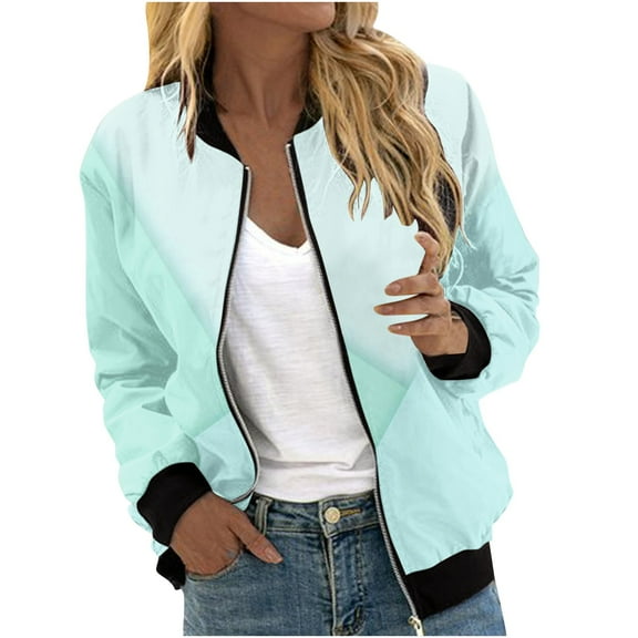 Ashirexll Fall Outfits for Women 2024 Casual Fashion Patchwork Color Jacket Casual Coat Zip Up Lightweight Outerwear with Pockets Light Blue E S